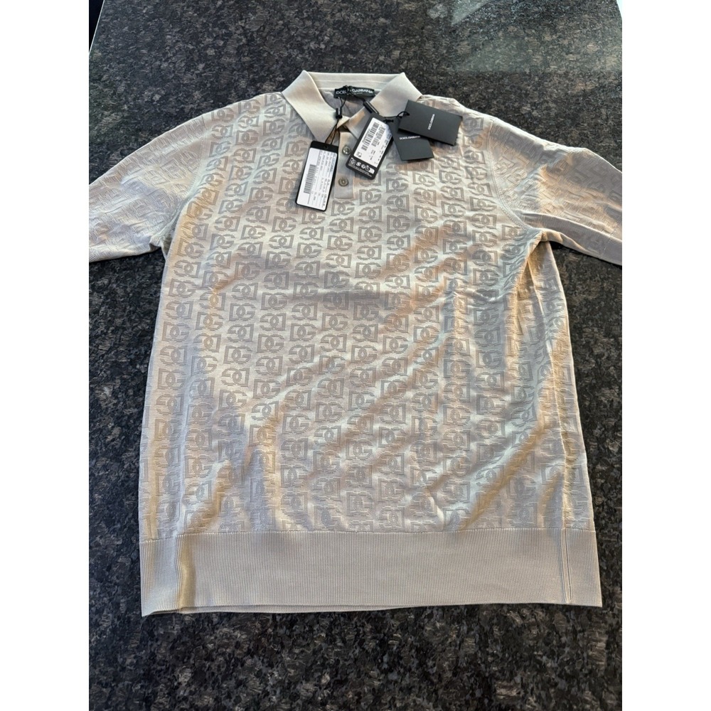 New w/tag Dolce & Gabbana DG Logo Silk Jacquard Beige Polo Mens Size 54 $1698